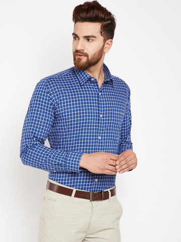 Hancock Men Blue & White Slim Fit Checked Formal Shirt
