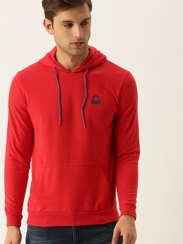 United Colors of Benetton Men Red Solid Hooded Sweatshirt